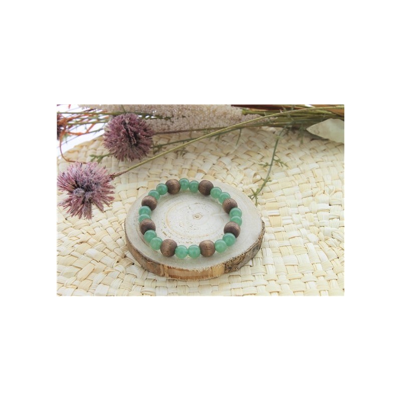 Bracelet Aventurine Verte Perles rondes 8 mm et Perles bois 1 cm 