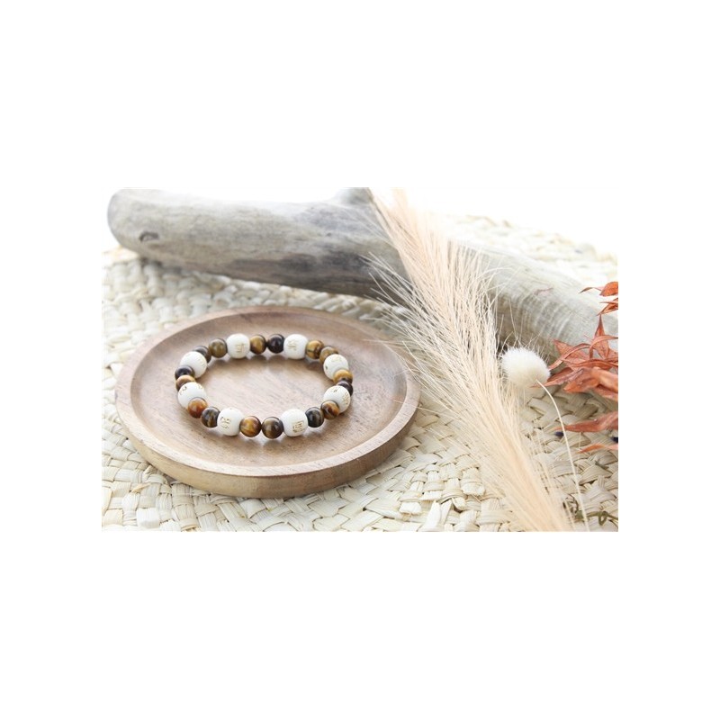 Bracelet Oeil de tigre Perles rondes 8 mm et Perles bois 1 cm 