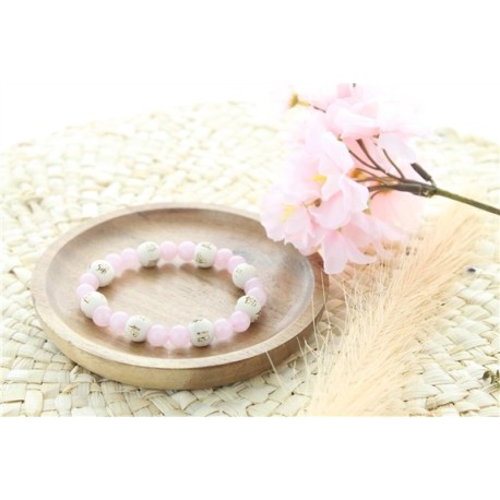 Bracelet Quartz rose Perles rondes 8 mm et Perles bois 1 cm 