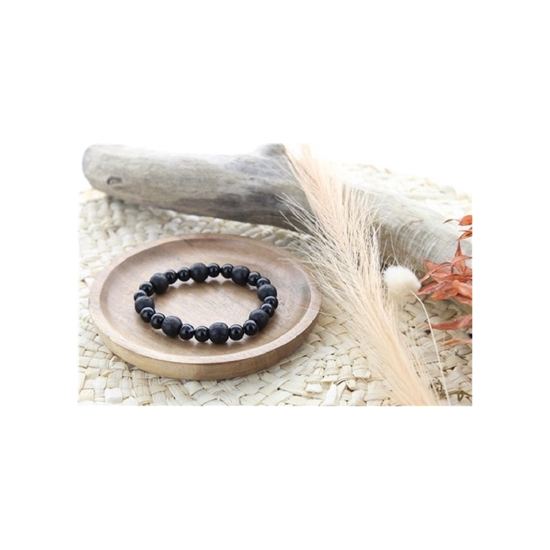 Bracelet Onyx Perles rondes 8 mm et Perles bois teinté noir 1 cm 