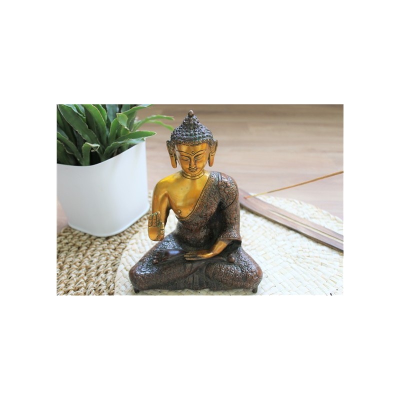 Statuette Bouddha Abhaya Mudra en Laiton orange antique 20 cm 