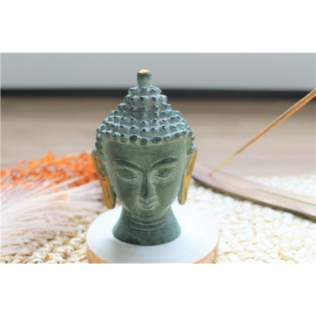 Statuette Tête de Bouddha en Laiton vert antique 11.5 cm 