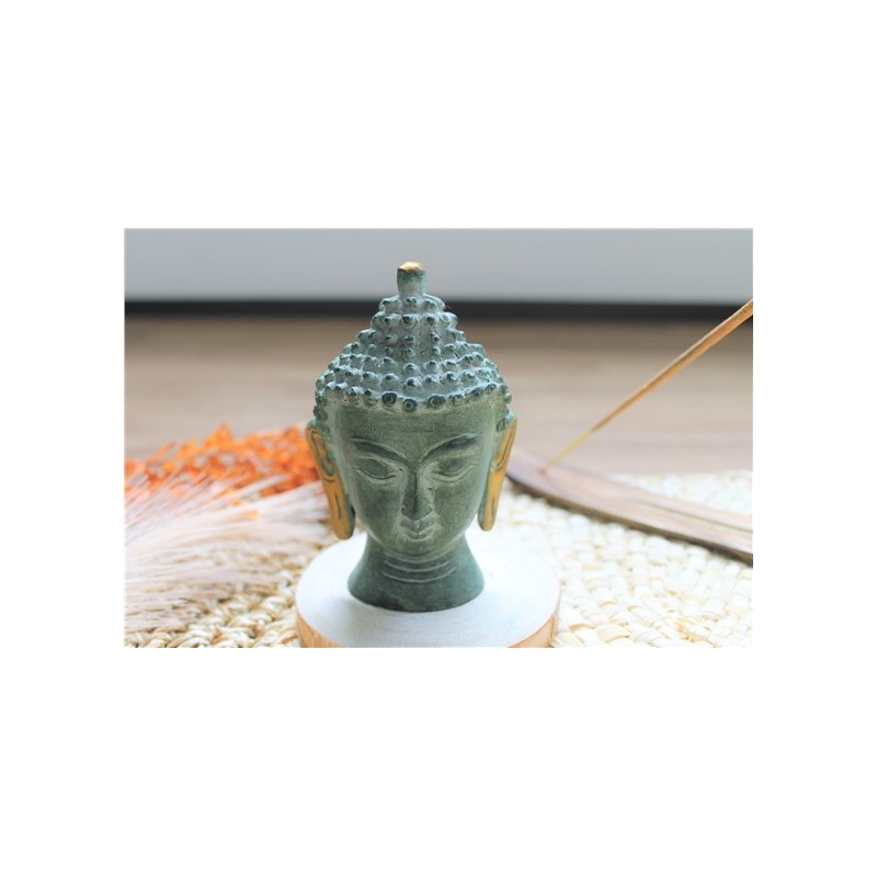 Statuette Tête de Bouddha en Laiton vert antique 11.5 cm 