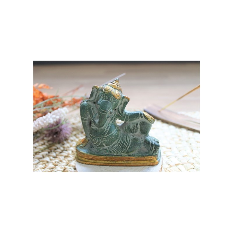 Statuette Ganesh allongé en Laiton vert antique 8 cm 