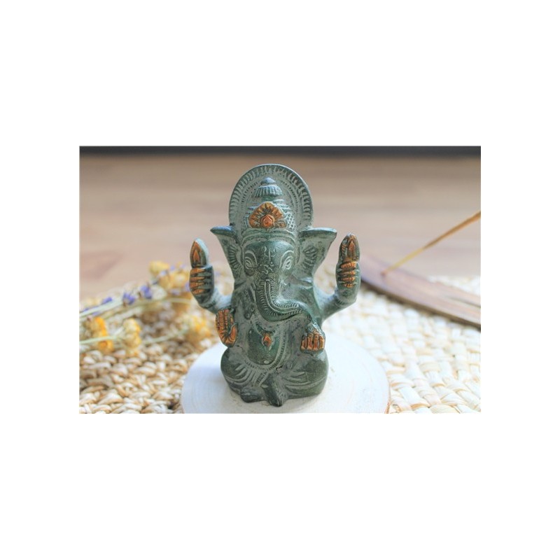 Statuette Ganesh assis en Laiton vert antique 9.2 cm 