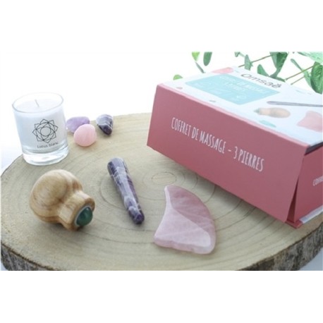 Coffret massage corps en Quartz rose, Améthyste et Aventurine verte 