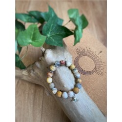 Bracelet Agate Crazy Lace Perles rondes 10 mm Breloque Yoga Lotus 