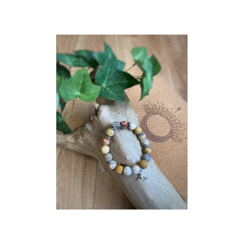 Bracelet Agate Crazy Lace Perles rondes 10 mm Breloque Yoga Lotus 