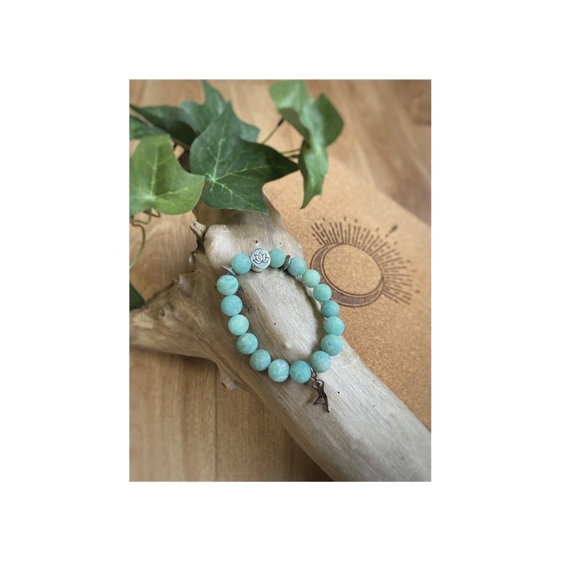 Bracelet Amazonite Perles rondes 10 mm Breloque Yoga Arbre 