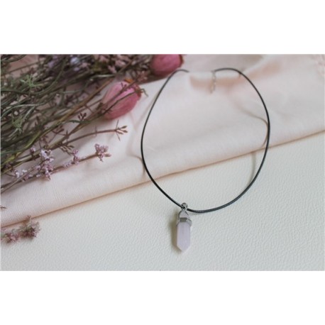 Collier Quartz Rose Pointe Cordon Noir 